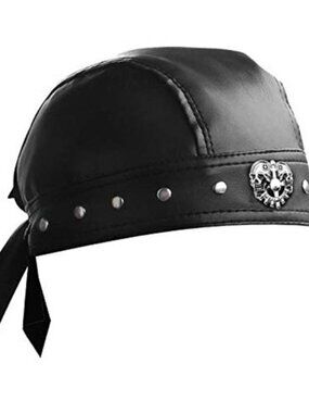 Leather Skull Cap Bandana Doo Rag Motorcycle Biker Head Wrap Adjustable Black